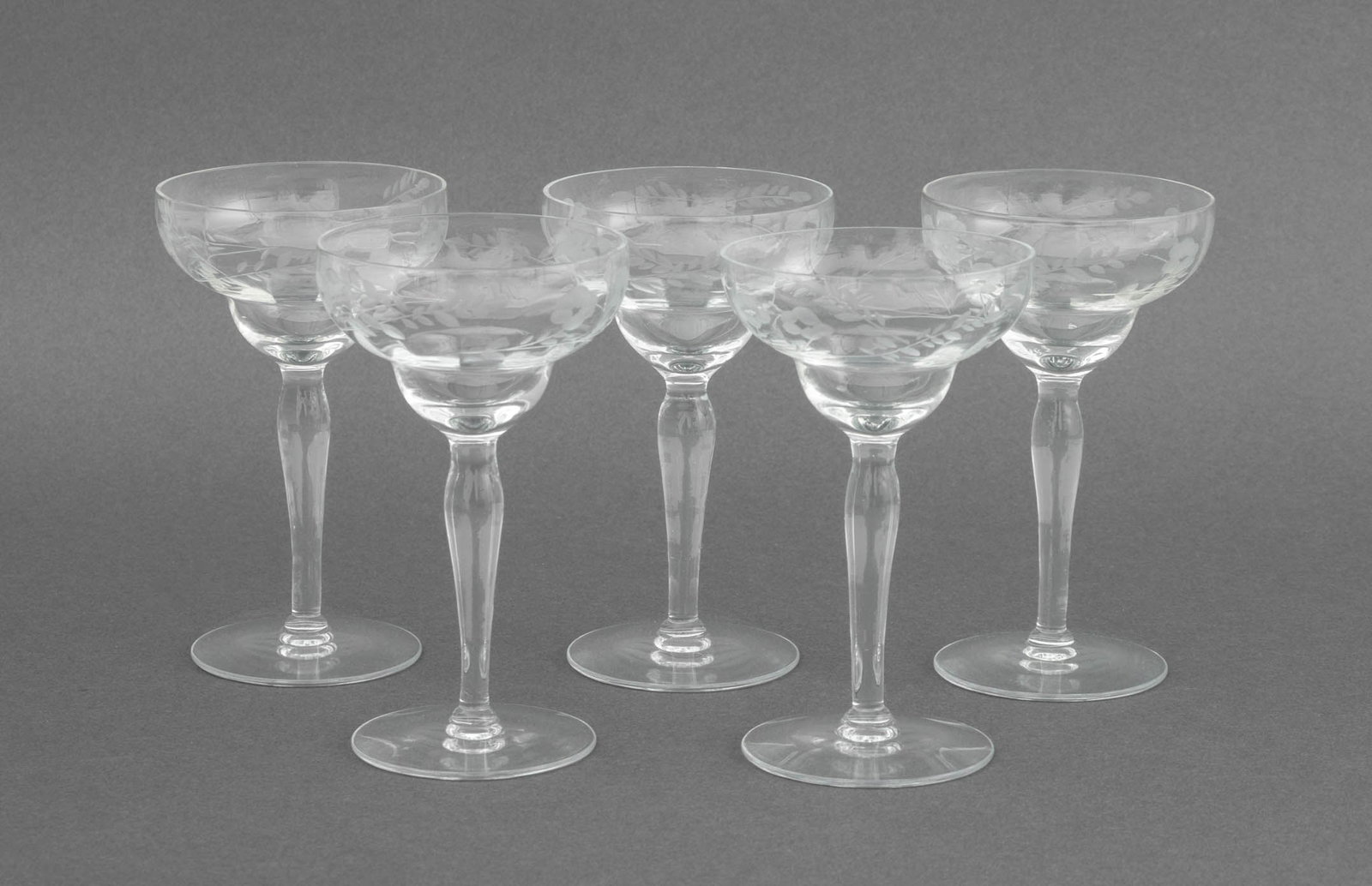 Floral Motif Etched Glass Champagne Coupes, 5 (1 of 7)