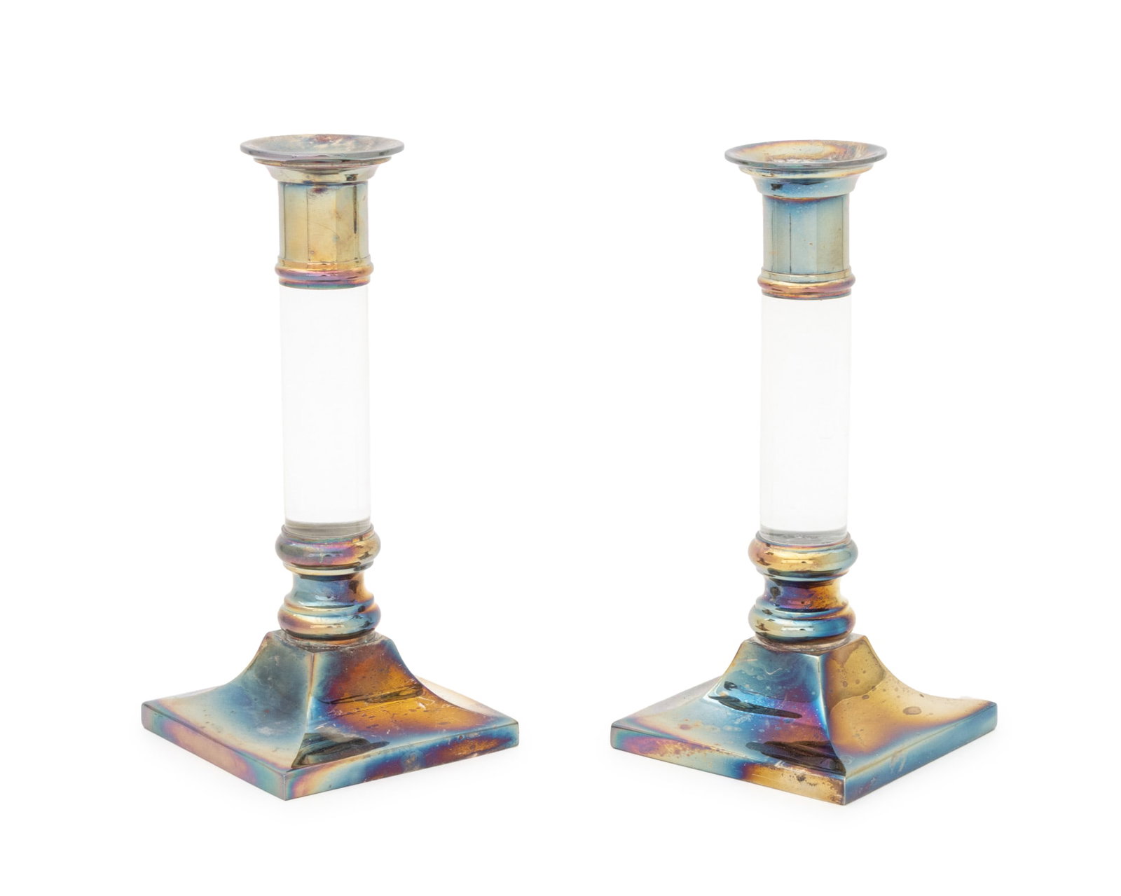Modern Silver Plate and Acrylic Candlesticks, Pair: Pair of Modern Silver Plate and Acrylic Candlesticks, columnar forms above square bases. 7" H x 3.25" W x 3.25" D. Provenance: From the Estate of Gerard Stora, Vice President of Wildenstein Gallery. K