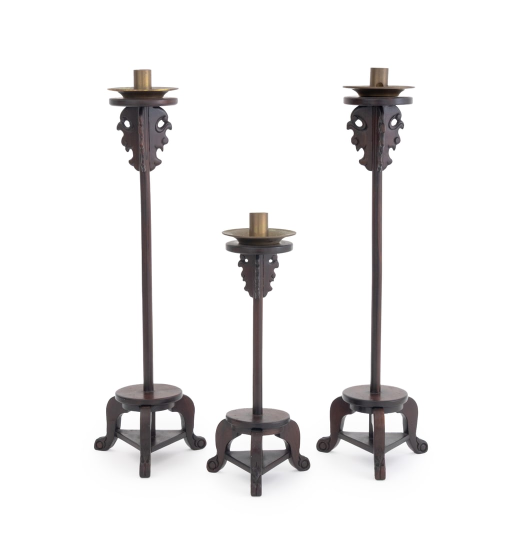 Vintage Brass and Carved Wood Candleholders, 3 (1 of 8)
