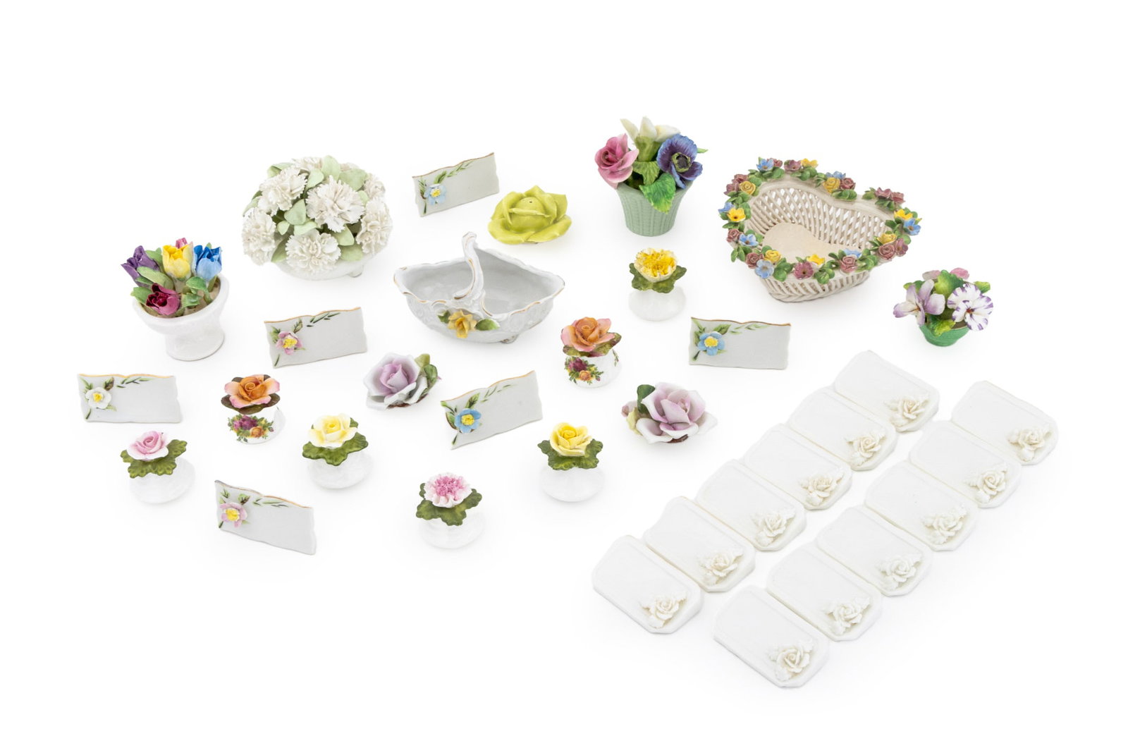 Floral Motif Porcelain Tableware, 34 Pcs.: Collection of 34 Floral Motif Porcelain Tableware Pieces, comprising: Italian basket weave heart form bowl with floral border, marked "Made in Italy" to underside, (5) five Aynsley pink and yellow sal