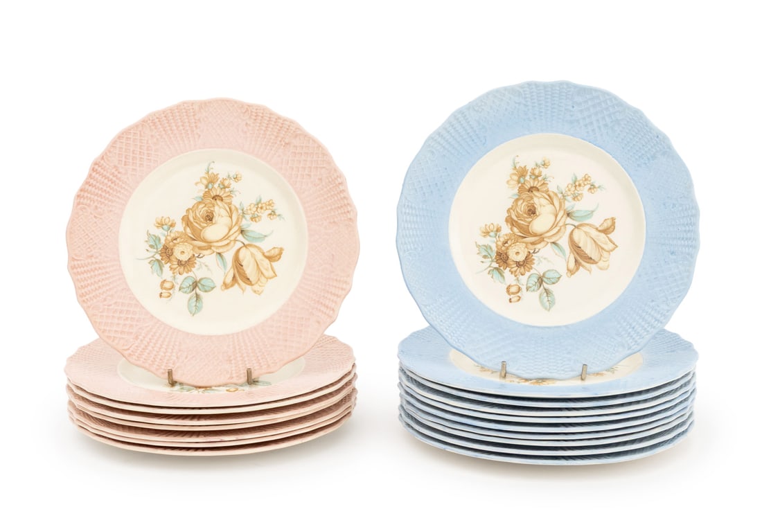 Fondeville Floral Motif Ceramic Plates, 18: Set of 18 Fondeville Floral Motif Ceramic Plates, 1970s, with painted floral bouquet to center, comprising: (8) eight in pink and (10) ten in blue, each marked "Fondeville / Ambassador Ware / England"