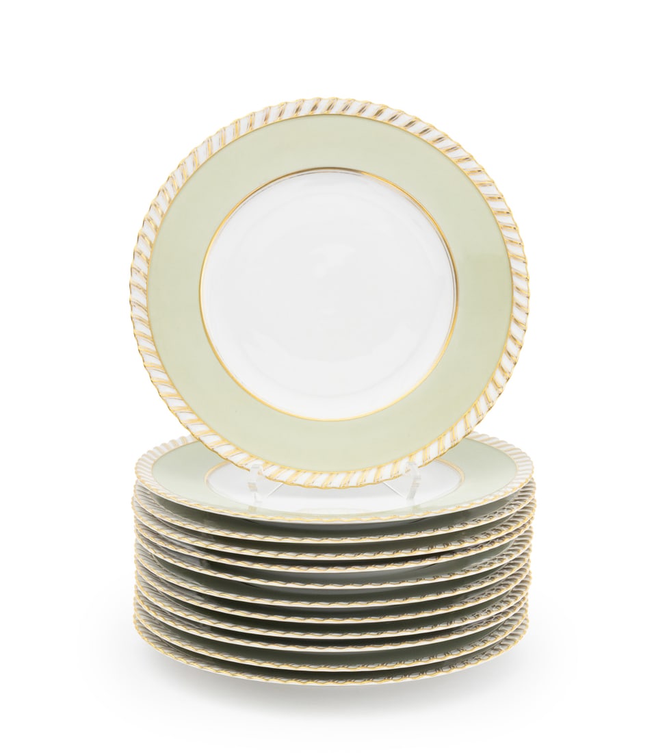 Franconia-Krautheim Caledonia Porcelain Plates, 12: Set of 12 Franconia-Krautheim "Caledonia" Porcelain Dinner Plates, with green and gilt trim, marked to undersides. 10.75" Diameter. Provenance: From a Connecticut Estate. Keywords: Ceramics, Tableware