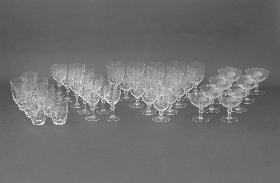 Floral Motif Etched Glass Drinkware, 42 Pcs (1 of 18)