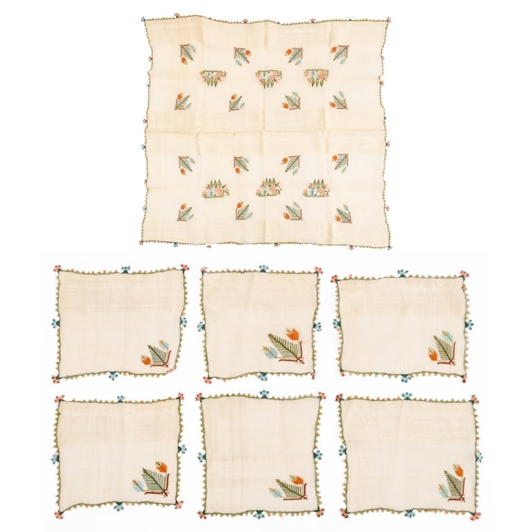 Hand-Embroidered Silk Blend Table Linens, 7 Pcs. (1 of 7)
