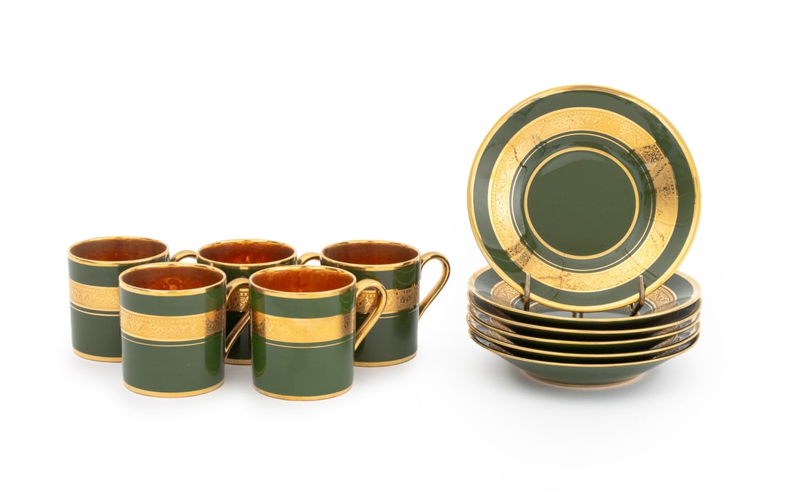 Limoges Porcelain Demitasse Cups and Saucers, 11: Set of 11 Limoges Porcelain Demitasse Cups and Saucers, in green with gilt trim, marked "Limoges France" to underside. Saucer: 4.5" Diameter x 0.5" H. Provenance: From an East 74th Street Estate. Keyw