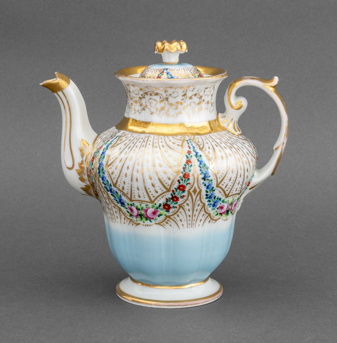 Aich Porcelain Gilt and Hand-Painted Coffee Pot: Aich Porcelain Gilt and Hand-Painted Porcelain Coffee Pot, with floral knop and motif, impressed mark to underside. 8.25" H x 7.25" H x 5.5" D. Provenance: The Estate of Alton G. Marshall, former aide