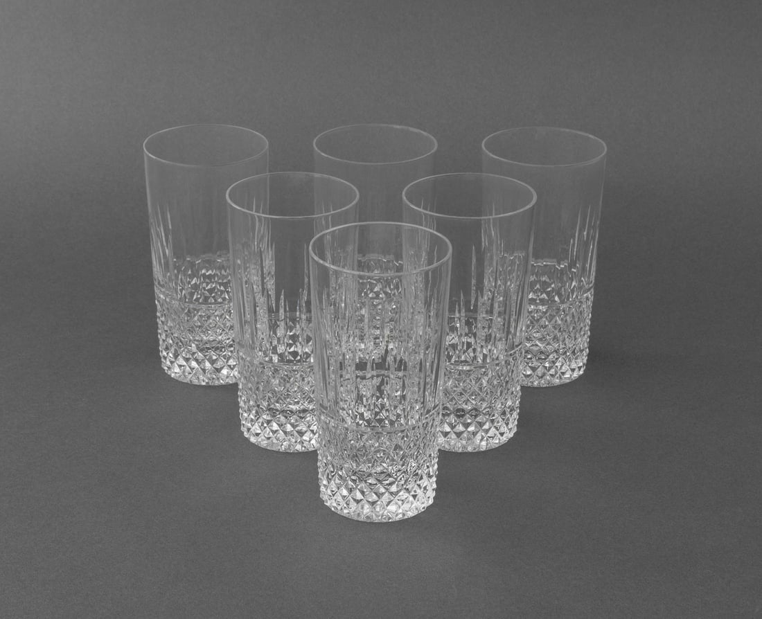 Clichy Cut Crystal High Ball Glasses, 6: Set of Six Clichy Cut Crystal High Ball Glasses, 19th century, each with etched mark to underside. 5.5" H x 2.75" Diameter. Provenance: From an East 74th Street Estate. Keywords: Designer, France, Fre