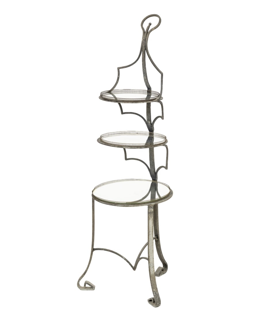 French Wrought Iron Three-Tier Serving Stand: French Wrought Iron Three-Tier Serving Stand, with galleried mirrored glass tops. 37.5" H x 14" W x 14" D. Provenance: From an East 74th Street Estate. Keywords: Tableware, Service, Dinnerware, Hostin