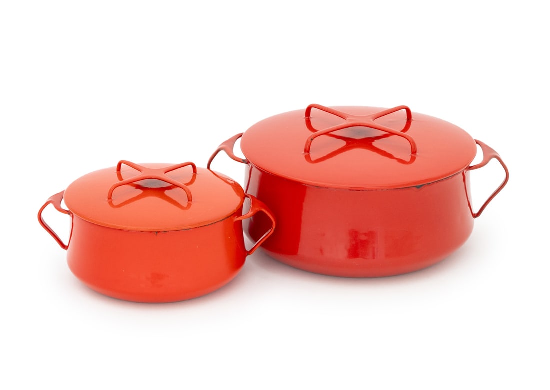 Dansk Kobenstyle Chili Red Casserole Dishes, 2: Group of Two Dansk Kobenstyle Chili Red Casserole Dishes, enameled steel, with lid serving as trivet, each marked "Dansk / Designs / Denmark / IHQ" underside. Larger: 5.5" H x 13.25" W x 10.5" D. Prov