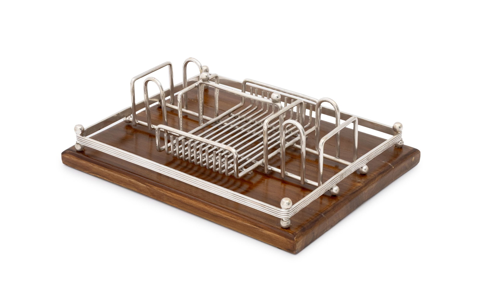 Modern Silver Plate and Walnut Flatware Caddy: Mid-Century Modern Oneida Silver Plate and Walnut Flatware Caddy, with "SP / Collection" plaque to underside. 3.75" H x 12.5" W x 9.75" D. Provenance: From a Connecticut Estate. Keywords: Cookware, Ta