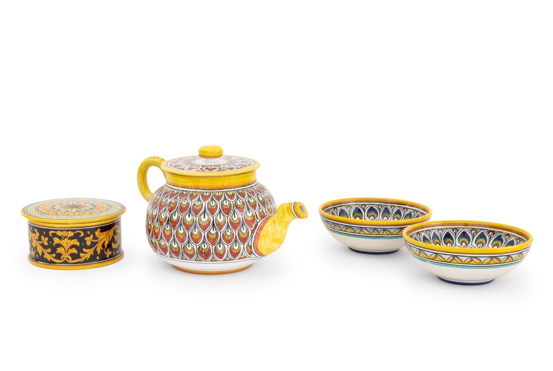 Italian Maiolica Teapot and Tableware, 4 Pcs.: Group of Four Italian Maiolica Teapot and Tableware Pieces, each marked "Deruta" underside, comprising: Teapot with feather pattern, two bowls with feather pattern, and covered jar with feather patter
