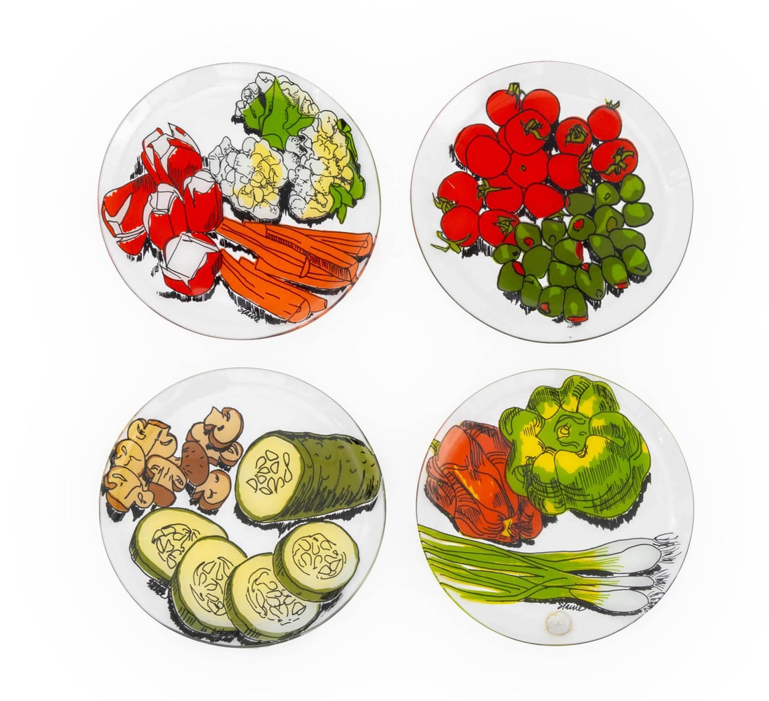 Dorothy Thorpe Painted Glass Plates, 4: Set of Four Dorothy Thorpe Painted Glass Plates, with vegetable motif, one with "Dorothy Thorpe / California" label. 7.75" Diameter. Provenance: From a 45 Sutton Place South Estate. Keywords: Glasswar