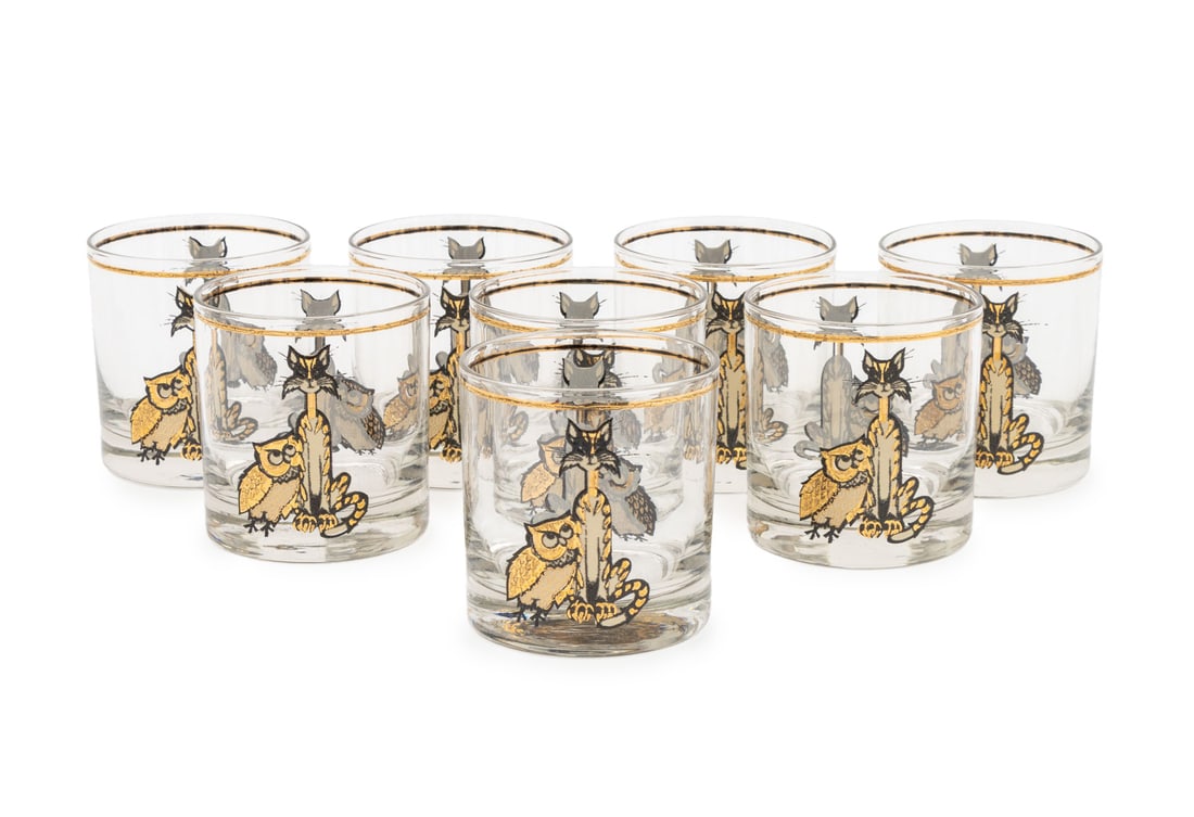 Culver Ltd. "Owl and Pussycat" Rocks Glasses, 8: Set of Eight Culver Ltd. "Owl and Pussycat" Rocks Glasses. 3.5" H x 3.25" Diameter. Provenance: From a Connecticut Estate. Keywords: Vintage, Glassware, Drinkware, Barware, Animalier, Hand-painted, MC