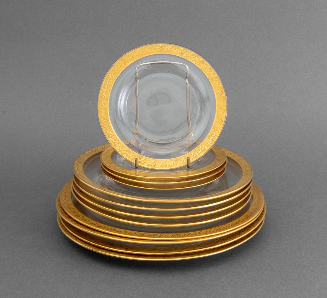 Modern Gilt Encrusted Glass Plates, 12: Set of Twelve Modern Gilt Encrusted Glass Plates, comprising: (4) four bread plates, (4) four dessert plates, and (4) four dinner plates. Largest: 9.75" Diameter x 0.75" H. Provenance: From a West