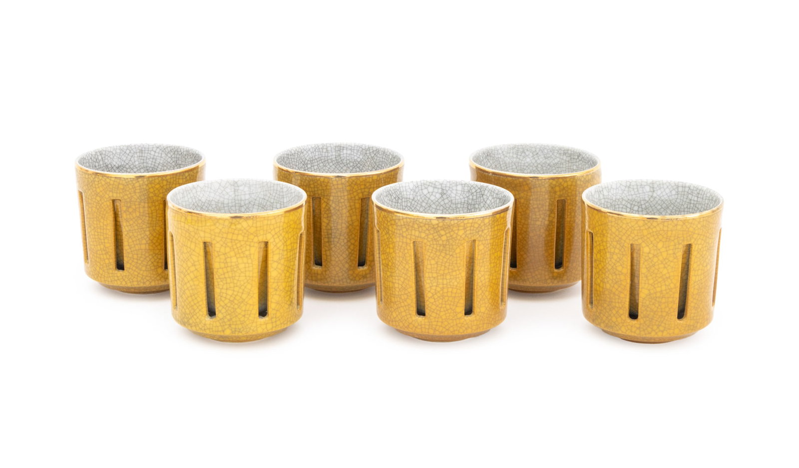 Modern Crackle Glazed Ceramic Cups, 6: Set of Six Modern Crackle Glazed Ceramic Cups, with pierced outer wall revealing inner ceramic liner, unmarked. 3.5" H x 3.5" Diameter. Provenance: From a Connecticut Estate. Keywords: Vintage,