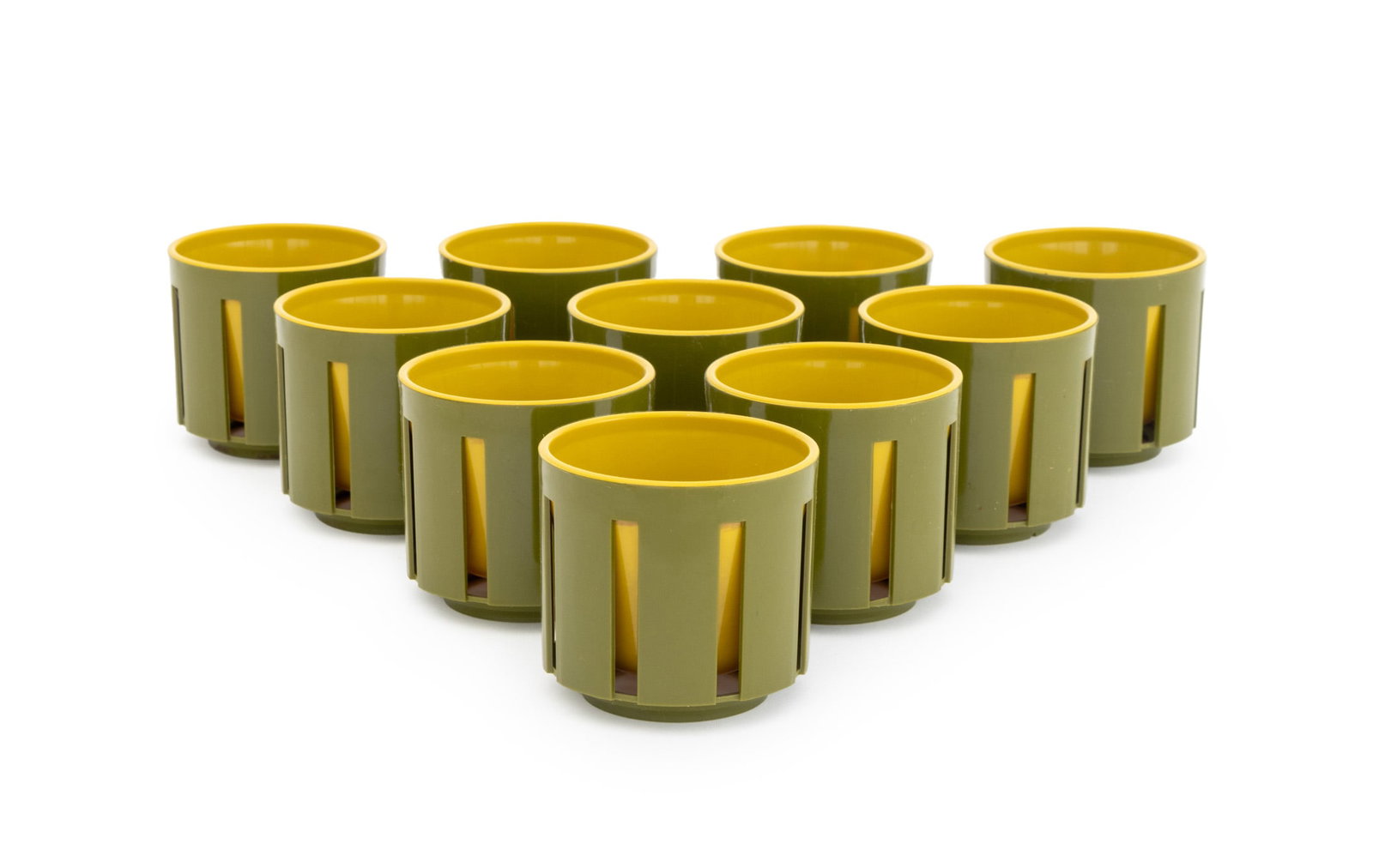 Mid-Century Modern Dual Tone Plastic Cups, 10: Set of 10 Mid-Century Modern Dual Tone Plastic Cups, in olive green and mustard, unmarked. 3.25" H x 3.5" Diameter. Provenance: From a Connecticut Estate. Keywords: Vintage, Tableware, Drinkware,