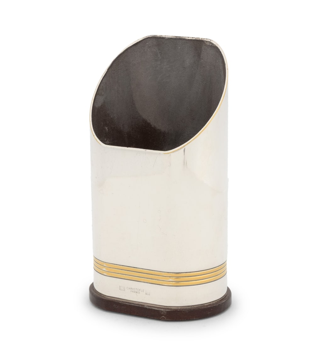Christofle "President" Silver Plate Pen Holder: Christofle "President" Pattern Silver Plate Pencil Holder, with fluted gilt rim and atop a wood base, marked "Christofle / France" near base. 5" H x 2.75" W x 2" D. Provenance: From the Estate of