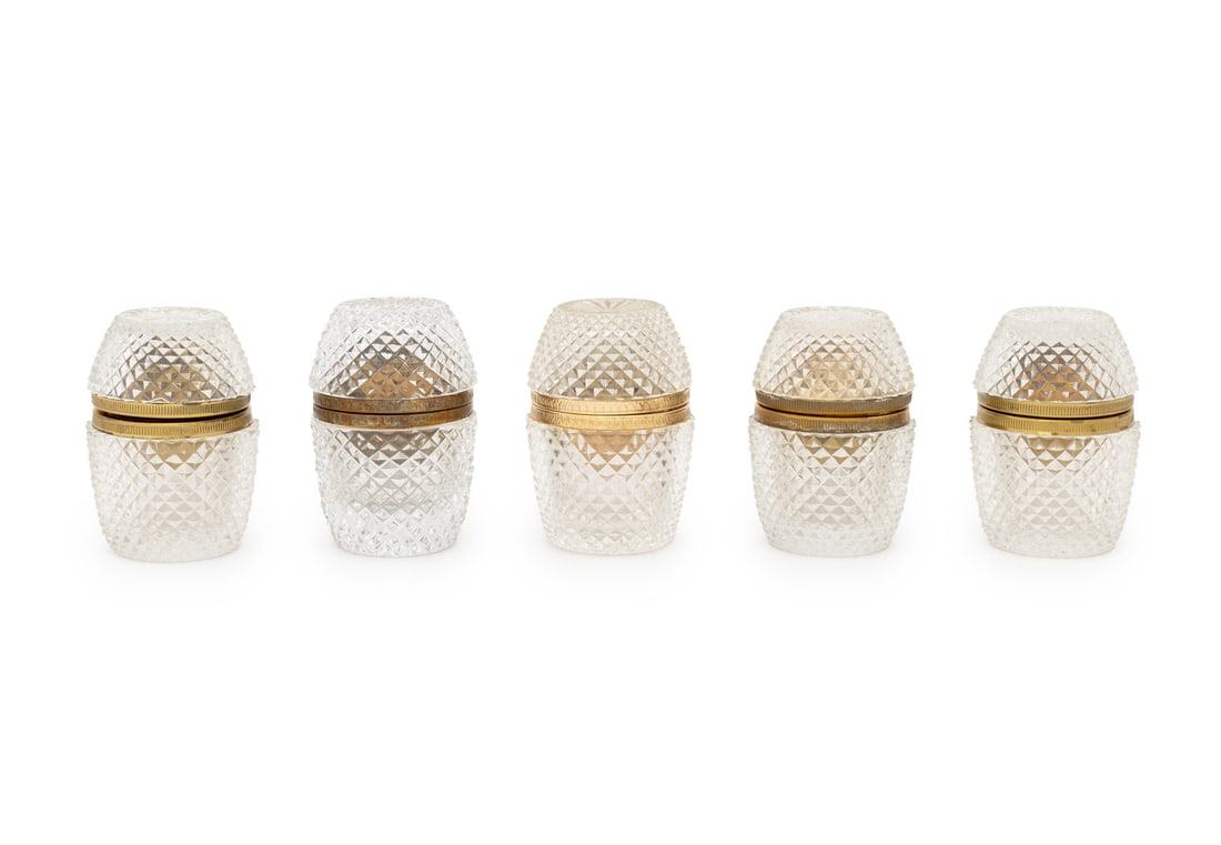 French Gilt Metal and Crystal Table Lighters, 5: Set of Five French Gilt Metal Mounted Crystal Table Lighters. 3.75" H x 2.5" Diameter. Provenance: From a West End Avenue Collection. Keywords: Smoking accessories, Vintage, Tobacciana, Collectibles,