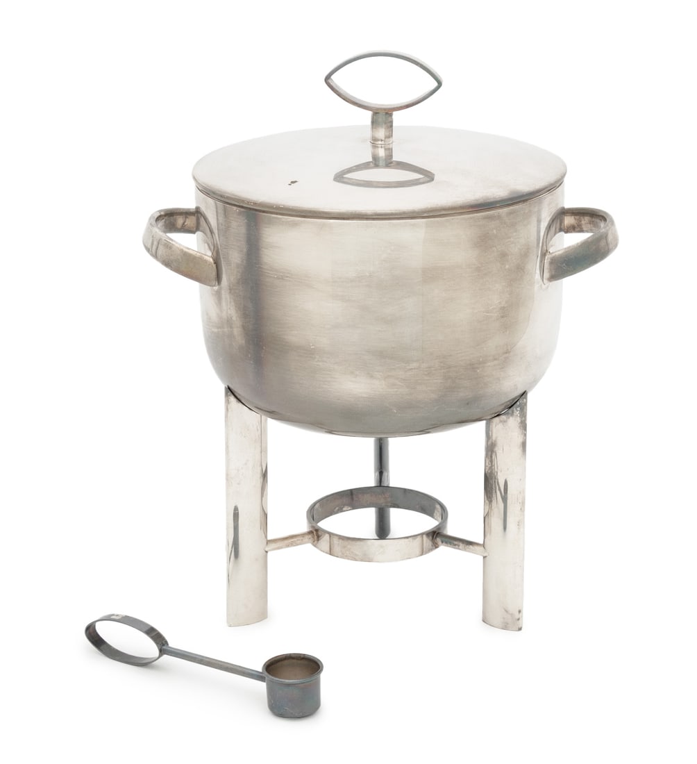 Lino Sabattini Silver Plate Chafing Dish: Lino Sabattini (Italian, 1925-2016) Silver Plate Chafing Dish, with tripod base and snuffer, marked "Sabattini / Made in Italy" to underside. Overall: 12.25" H x 10.5" W x 8" D. Provenance: From a 45 