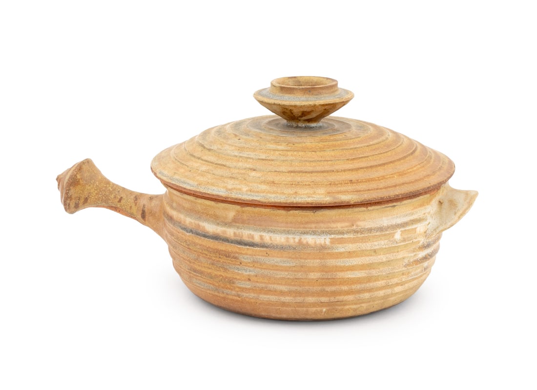 Bill Sax "Flameware" Handled Covered Cooking Pot: Bill Sax (American, b. 1934) "Flameware" Handled Covered Cooking Pot, signed to underside. Overall: 8" H x 14.5" W x 10.25" D. Provenance: From a Connecticut Estate. Keywords: Art Pottery, American ce