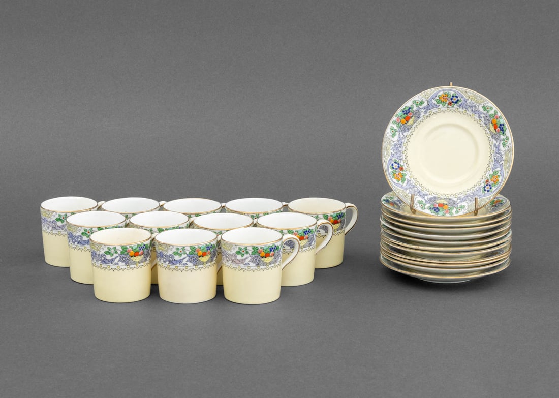 Adderley for Tiffany & Co. Demitasse Cups, 24: Adderley's Ltd. for Tiffany and Company Porcelain Demitasse Set, comprising: (12) twelve cups and (12) twelve saucers, marked to underside. 2.25" H x 4.5" Diameter. Provenance: The Estate of Alton G. 