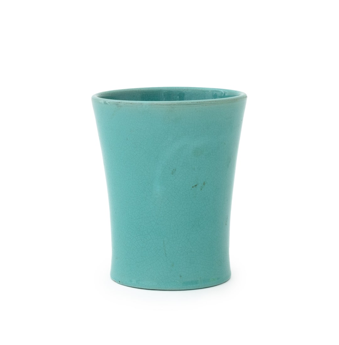 French Art Pottery Robin's Egg Blue Glazed Vase: French Art Pottery Robin's Egg Blue Glazed Ceramic Cylindrical Vase, illegibly signed "Maduin (?)", inscribed "Nancy", and numbered "83/0125" to underside. 5.5" H x 8.5" Diameter. Provenance: From the