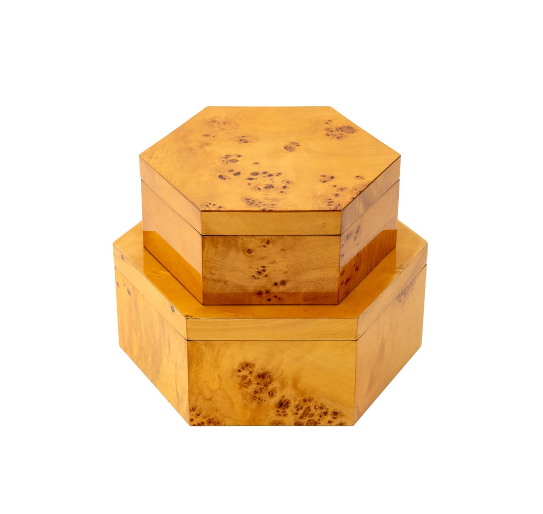 Graduated Burl Maple Veneered Hexagonal Boxes, 2 (1 of 9)