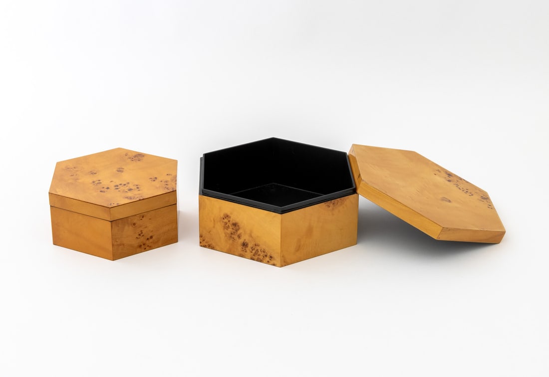 Graduated Burl Maple Veneered Hexagonal Boxes, 2 - 4