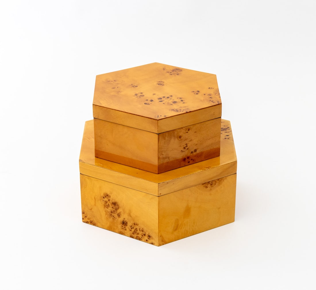 Graduated Burl Maple Veneered Hexagonal Boxes, 2 - 5