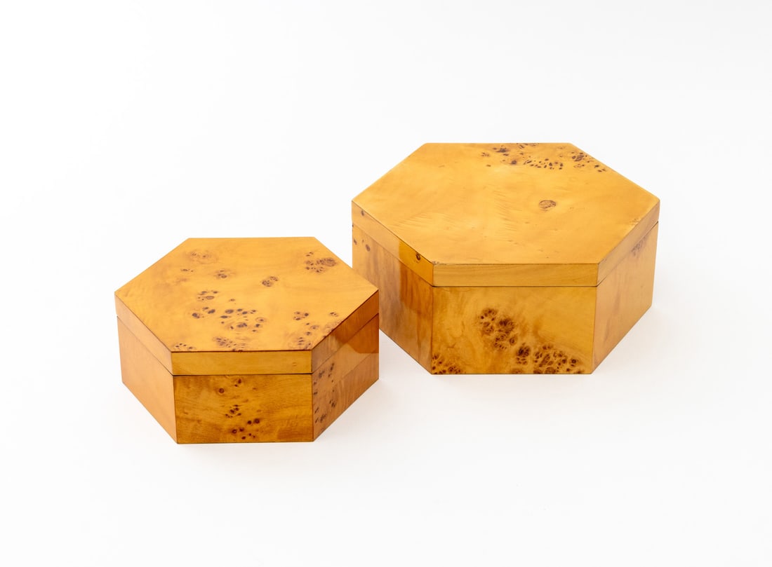 Graduated Burl Maple Veneered Hexagonal Boxes, 2 - 6