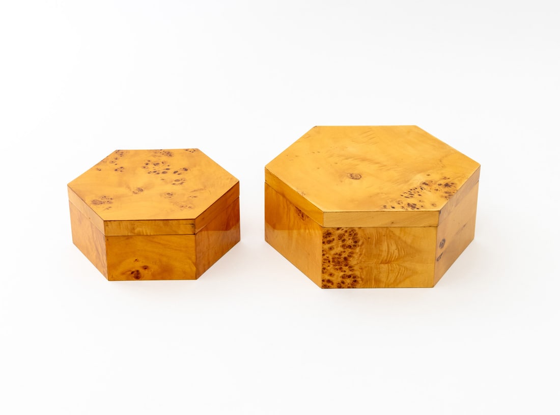 Graduated Burl Maple Veneered Hexagonal Boxes, 2 - 7