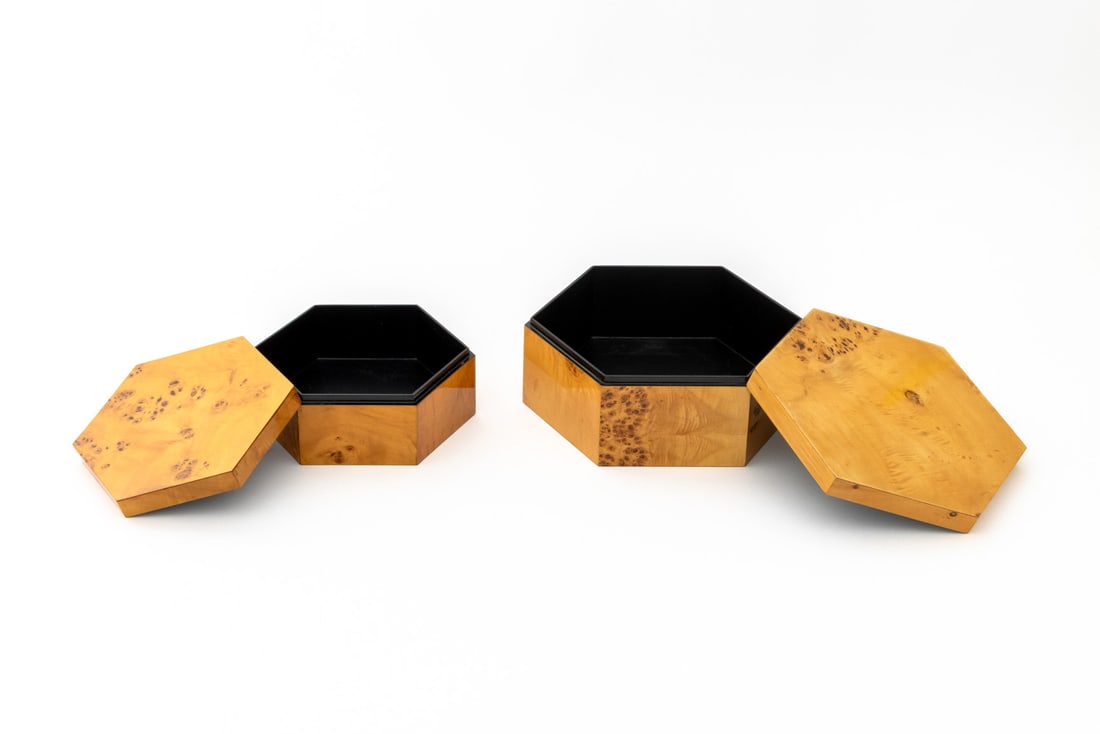 Graduated Burl Maple Veneered Hexagonal Boxes, 2 - 8