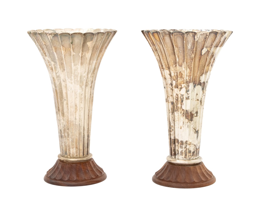Fluted Silver Plate and Wood Trumpet Vases, Pair: Pair of Fluted Silver Plate and Wood Trumpet Vases, with maker's mark and "Made in India" labels to undersides. 10.5" H x 6.25" Diameter. Provenance: From a Connecticut Estate. Keywords: Indian Modern