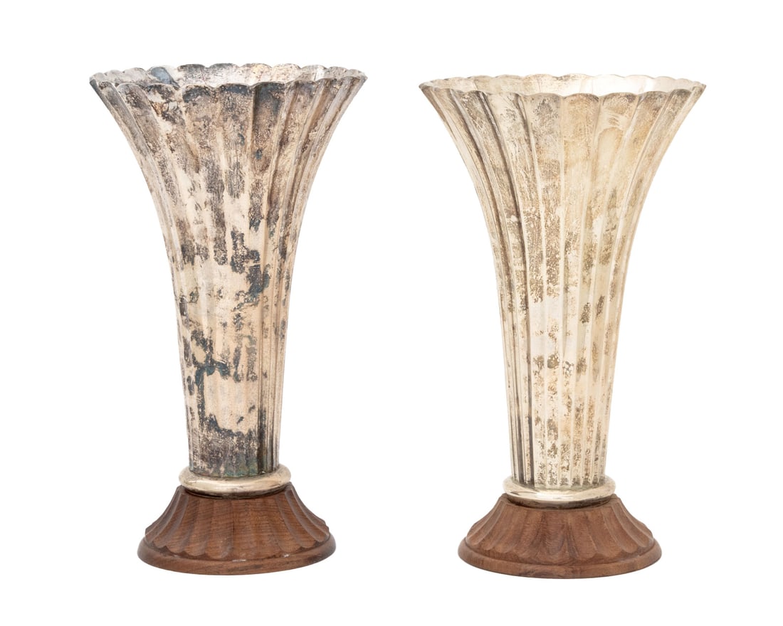 Fluted Silver Plate and Wood Trumpet Vases, Pair: Pair of Fluted Silver Plate and Wood Trumpet Vases, with maker's mark and "Made in India" labels to undersides. 10.5" H x 6.25" Diameter. Provenance: From a Connecticut Estate. Keywords: Indian Modern