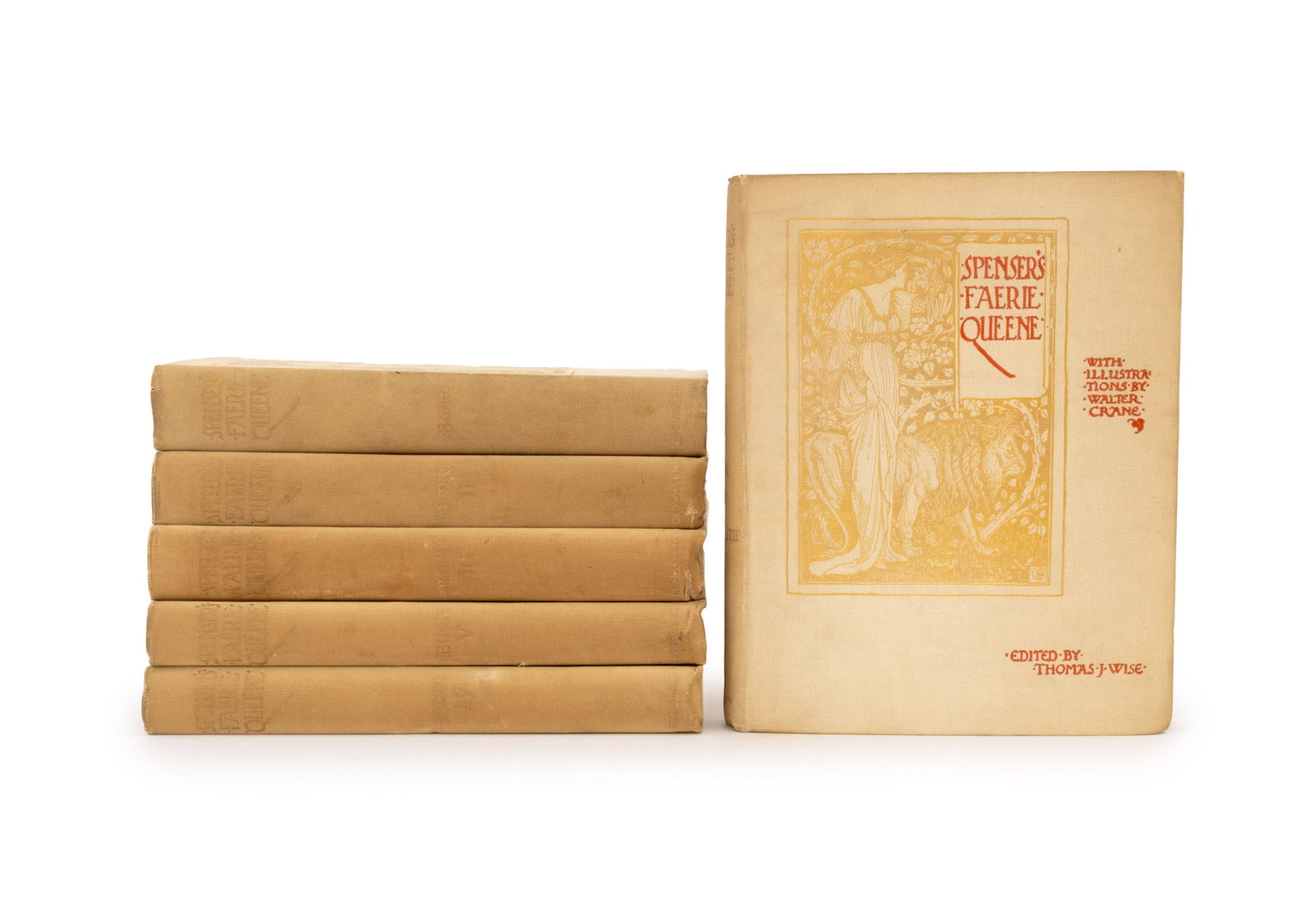 Edmund Spenser "Faerie Queene", 1895-97: Spenser, Edmund, illus.: Crane, Walter, "Faerie Queene", London: George Allen, 1895-1897, 6 volume set. Each approx.: 11.25" L x 9" W x 1.5" D. Provenance: From a West Village Collection. Keywords: Bo