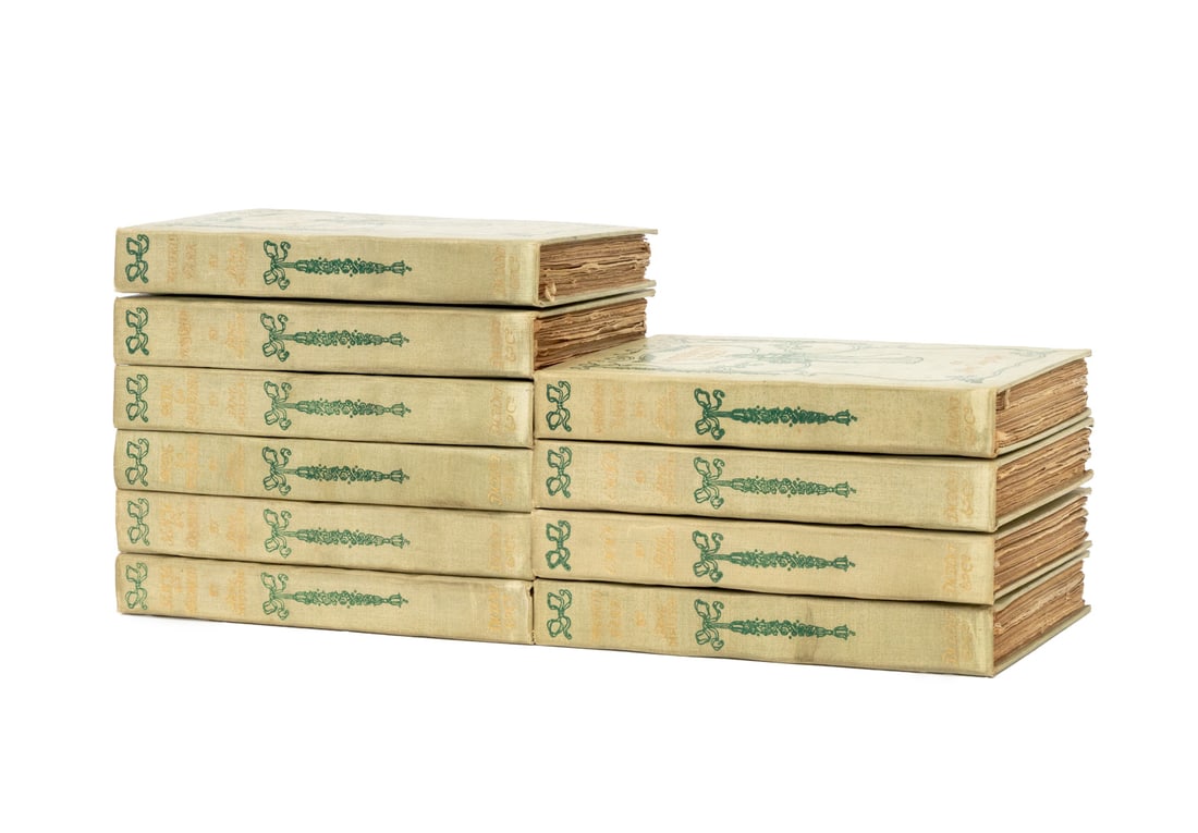 "The Novels of Jane Austen", 10 Vols., 1898: Austen, Jane, illus.: Brock, C. E. and H. M. Brock, ed.: Johnson, R. Brimley, "The Novels of Jane Austen (in 10 Volumes)", London: J. M. Dent & Co, 1898, 10 volume set. Each approx.: 7" L x 4.5" W x 0