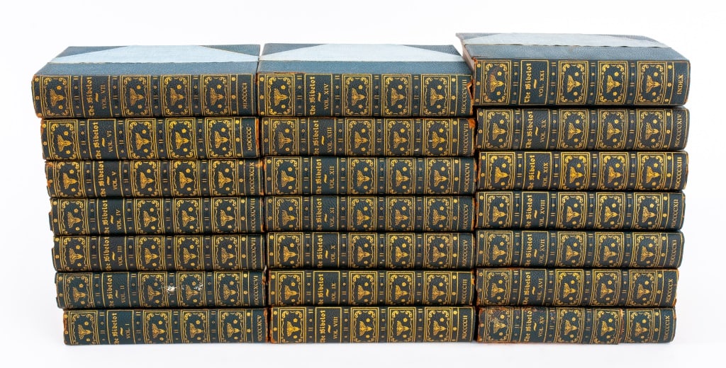Thomas Mosher "The Bibelot" Complete Set, 21 Vols.: Bird Mosher, Thomas, Complete Collection of "The Bibelot", 20 Volumes and Index, Testimonial Edition No. 347, published by William H. Wise & Co., 1925. 6.25" H x 5" W x 1.5" D. Provenance: From an Upp