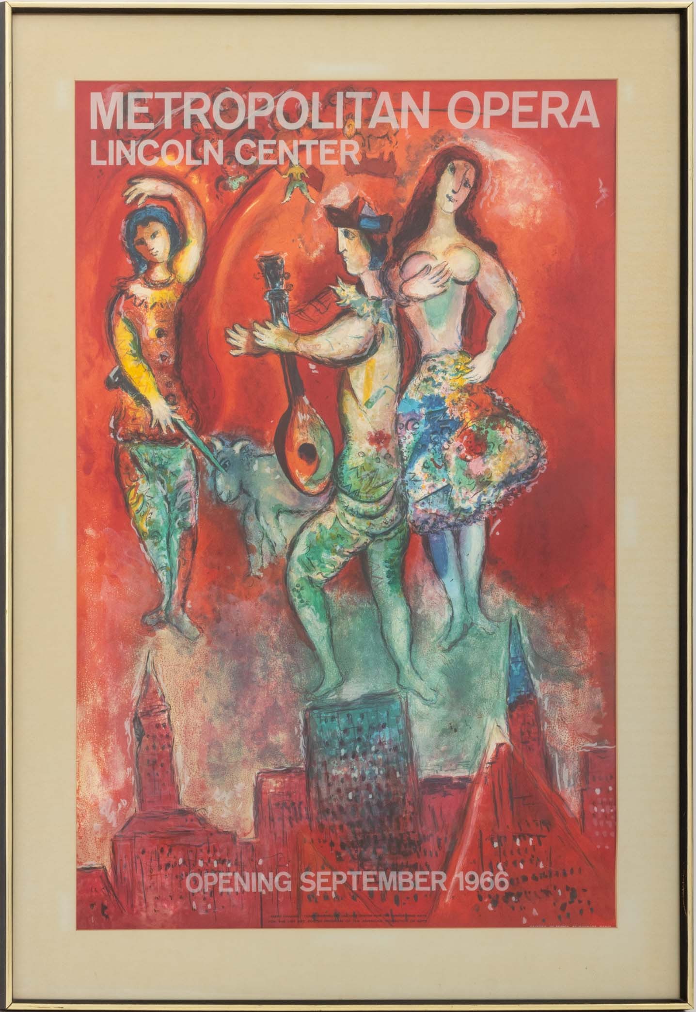 Marc Chagall Metropolitan Opera Poster, 1966: Marc Chagall (Russian/French, 1887-1985), "Carmen" Metropolitan Opera Lincoln Center, Lithographic Poster in Colors, 1966, printed by Mourlot, Paris, gold-tone frame. Image: 38.75" H x 24.75" W; frame