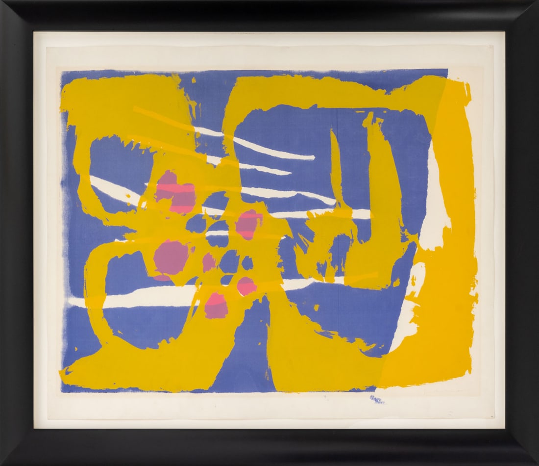 Sister Mary Corita Kent "Butterfly" Screenprint: Sister Mary Corita Kent (American, 1918-1986), "Butterfly", Screenprint in Colors, signed lower right, titled lower left, black frame. Image: 25.5" H x 30.25" W; frame: 32.25" H x 37.25" W x 1.25" D. 