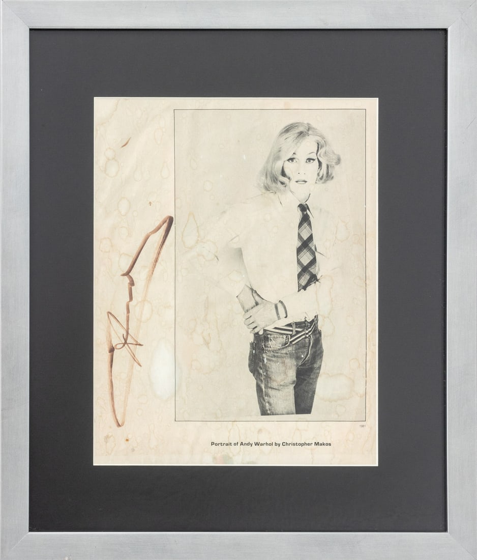 Andy Warhol Signed "Portrait of Andy Warhol" Page: Andy Warhol (American, 1928-1987) Signed "Portrait of Andy Warhol by Christopher Makos" Magazine Page, silver-tone frame. Image: 9.75" H x 7.5" W; frame: 15.25" H x 13" W x 0.75" D. Provenance: From a