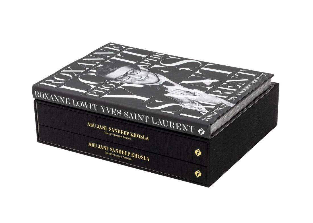 Signed, Etc. Books on Fashion Designers, 3: Collection of Three Books on Fashion Designers, comprising: "Yves Saint Laurent", Lowit, Roxanne, "Abu Jani Sandeep Khosla", 2 volumes in slipcase, numbered 283 of 1000 copies signed by artists. Large