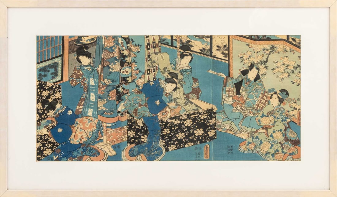 Utagawa Toyokuni Kimono Shop Triptych Woodblock: Utagawa Toyokuni (Toyokuni I, Japanese, 1769-1825), Kimono Shop Triptych, Woodblock in Colors on Paper, artist's chop seal mark, cerused wood frame. Image: 13.25" H x 27.75" W; frame: 20.5" H x 35" W 