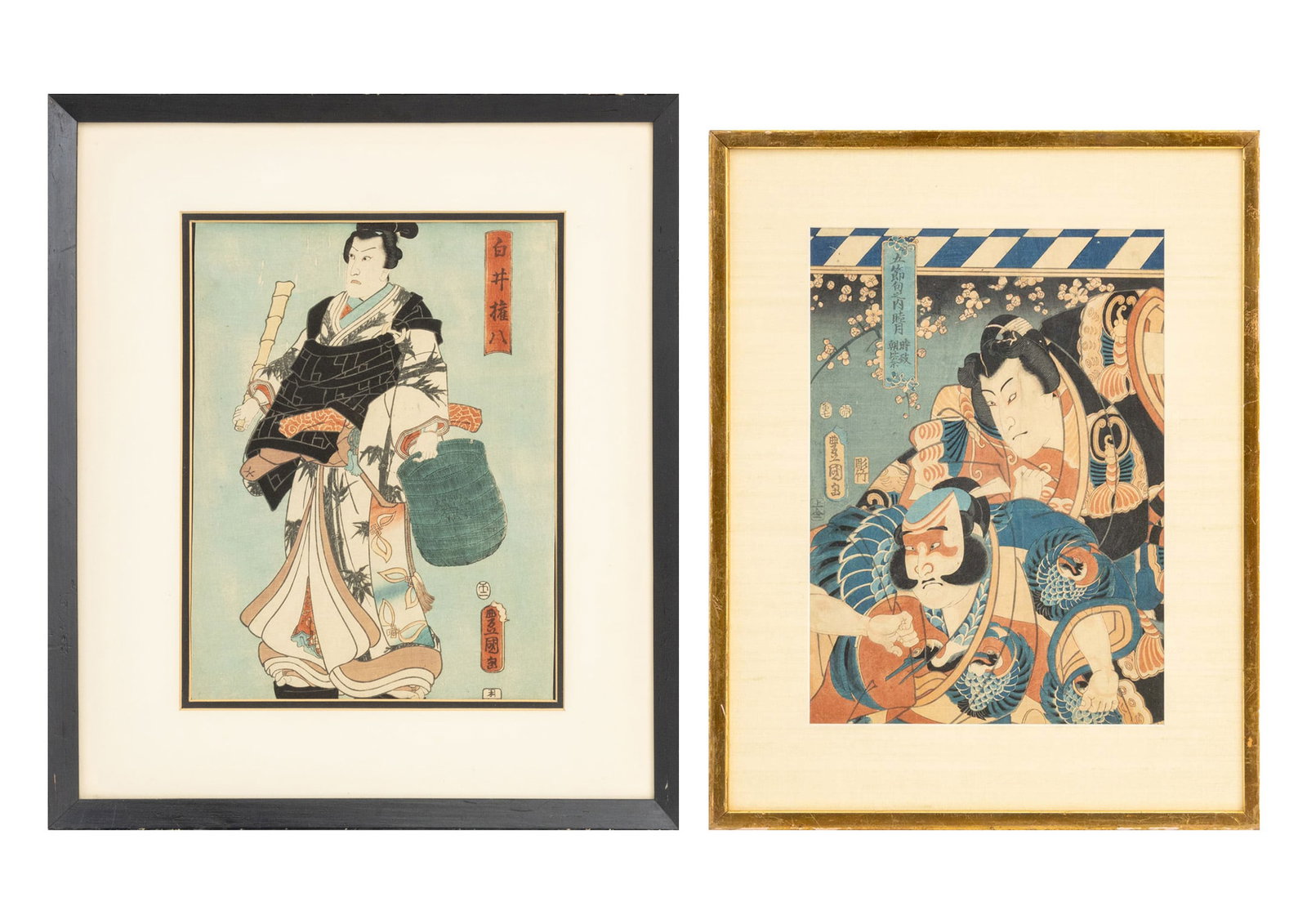 Utagawa Kunisada Kabuki Actor Woodblocks, 2: Utagawa Kunisada (Toyokuni III, Japanese, 1786-1865), Group of Two Kabuki Actor Scenes, Woodblock Prints in Colors on Paper, comprising: Nakamura Fukusuke I as Miyamoto Musashi, 1859, actor as Komuso,