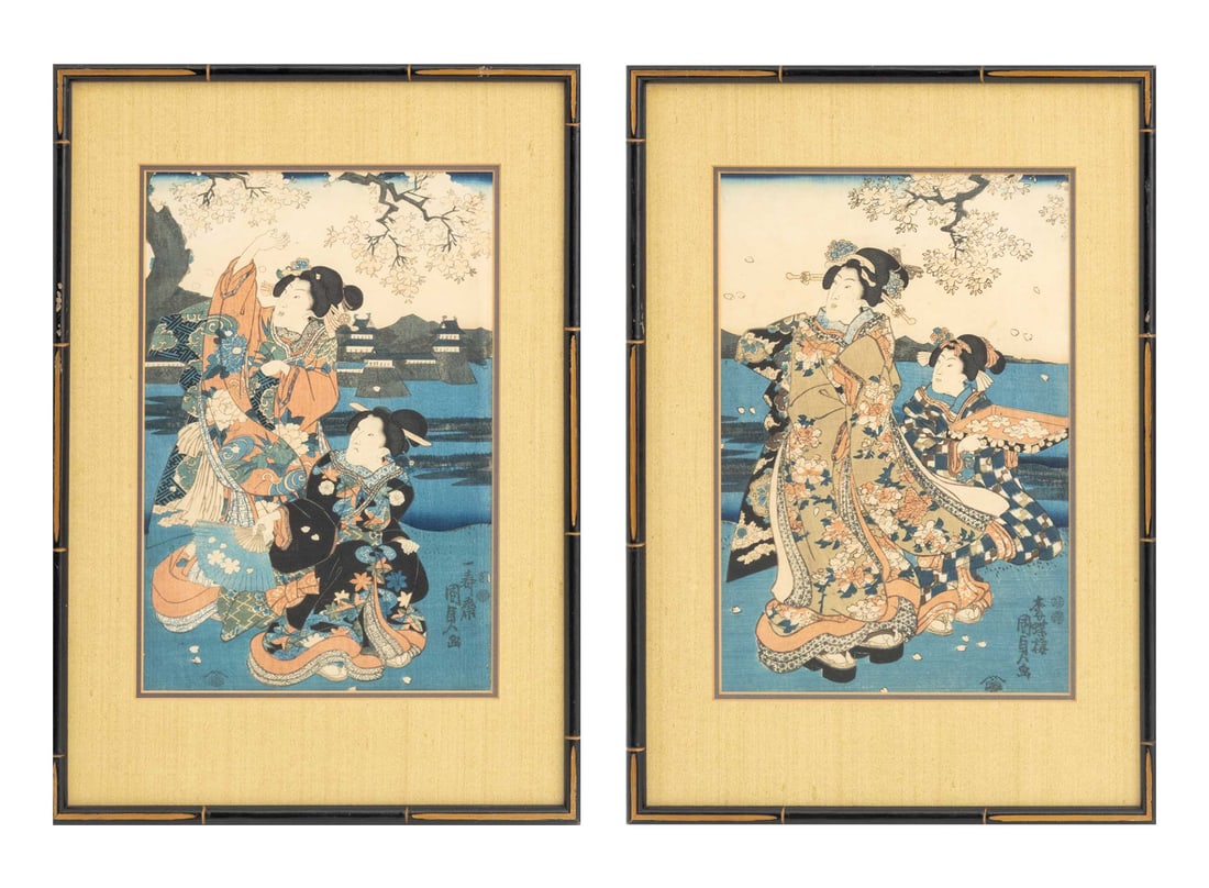 Utagawa Kunisada Bijin-ga Woodblock Prints, 2: Utagawa Kunisada (Toyokuni III, Japanese, 1786-1865), Two Bijin-ga Scenes, Woodblock Prints in Colors on Paper, each depicting two women in a landscape scene with cherry blossom trees, with artist's c
