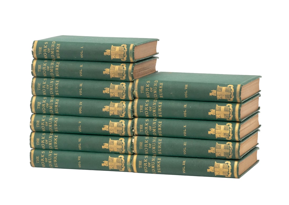 "Works of the Right Honorable Edmund Burke", 12: Burke, Edmund, "The Works of the Right Honorable Edmund Burke", Boston: Little, Brown, and Company, 1968, volumes I-XII. Each approx.: 8" L x 5.5" W x 1.25" D. Provenance: The Estate of Alton G. Marsh