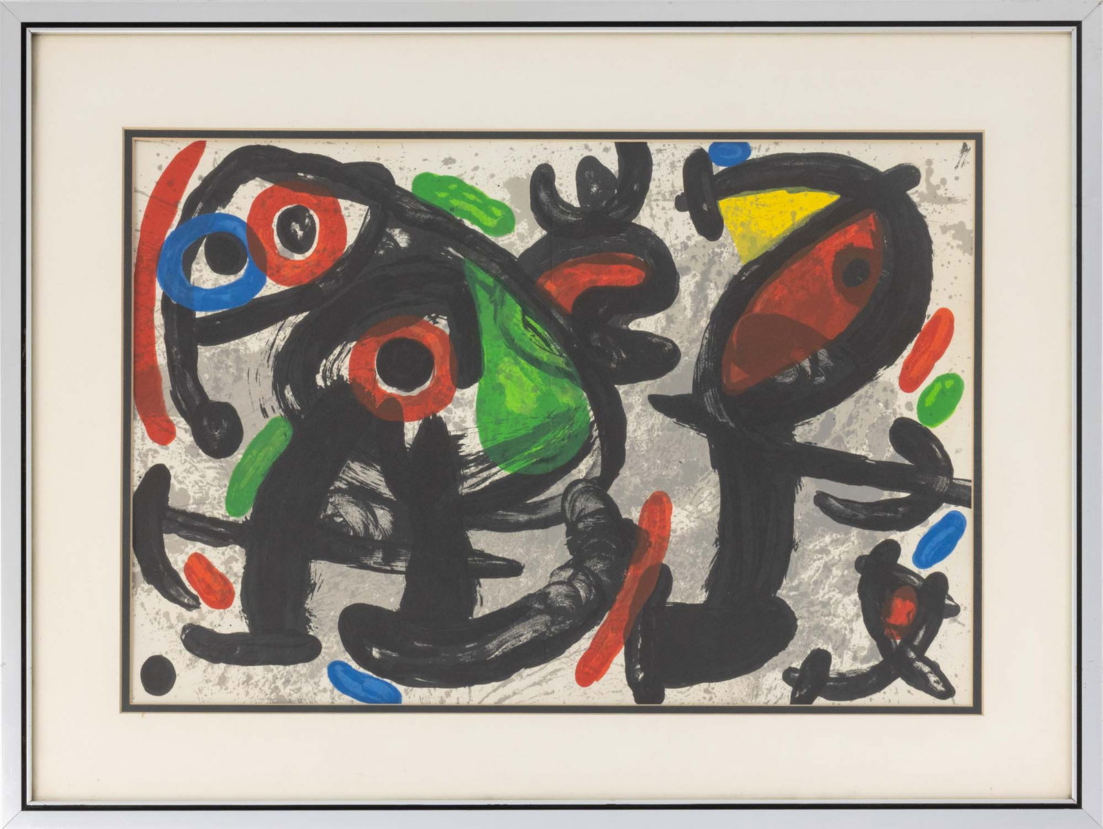 Joan Miro "Ronge de Nuit" Lithograph, 1970: Joan Miro (Spanish, 1893-1983), "Ronge de Nuit" [Night Watch], Lithograph in Colors on Paper, for "Derriere le Miroir", 1970, published Maeght Atelier, Paris, silver-tone frame. Image: 14.5" H x 21.75