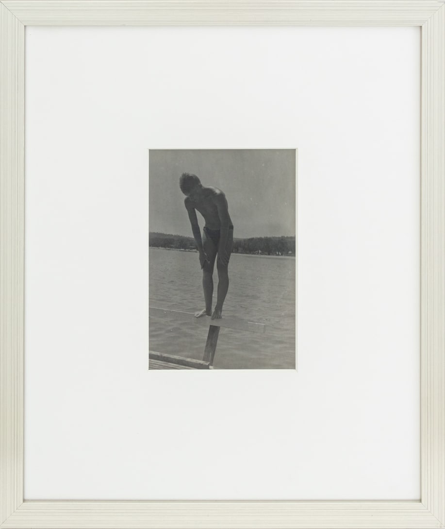 Raymond Carrance Young Man By the Sea Silver Print: Raymond Carrance (French, 1921-1998), "Young Man By the Sea", Gelatin Silver Print, 1960s, Henry Miller Fine Art label to the reverse, silvered wood frame. Image: 8.5" H x 5.75" W; frame: 20.5" H x 17