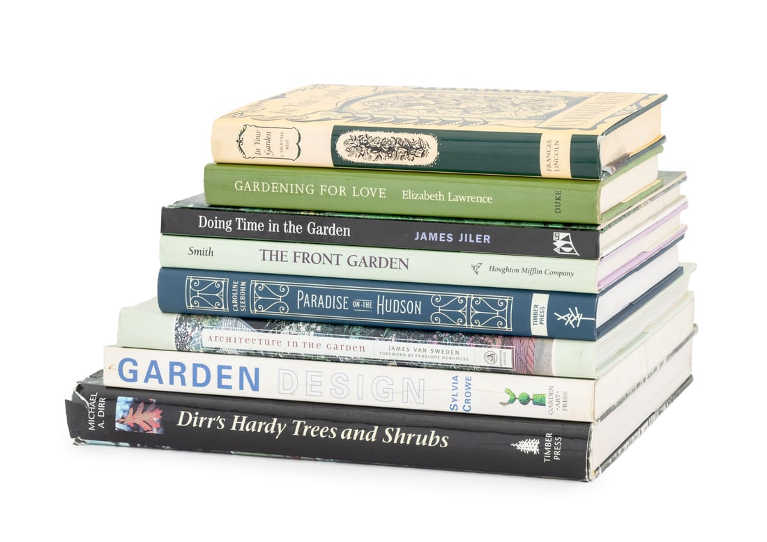 Books on Garden Architecture and Design, 9: Collection of Nine Books on Garden Architecture and Design, comprising: "The Front Garden: New Approaches to Landscape Design", Smith, Mary Riley, "Doing Time in the Garden: Life Lesson Through Prison