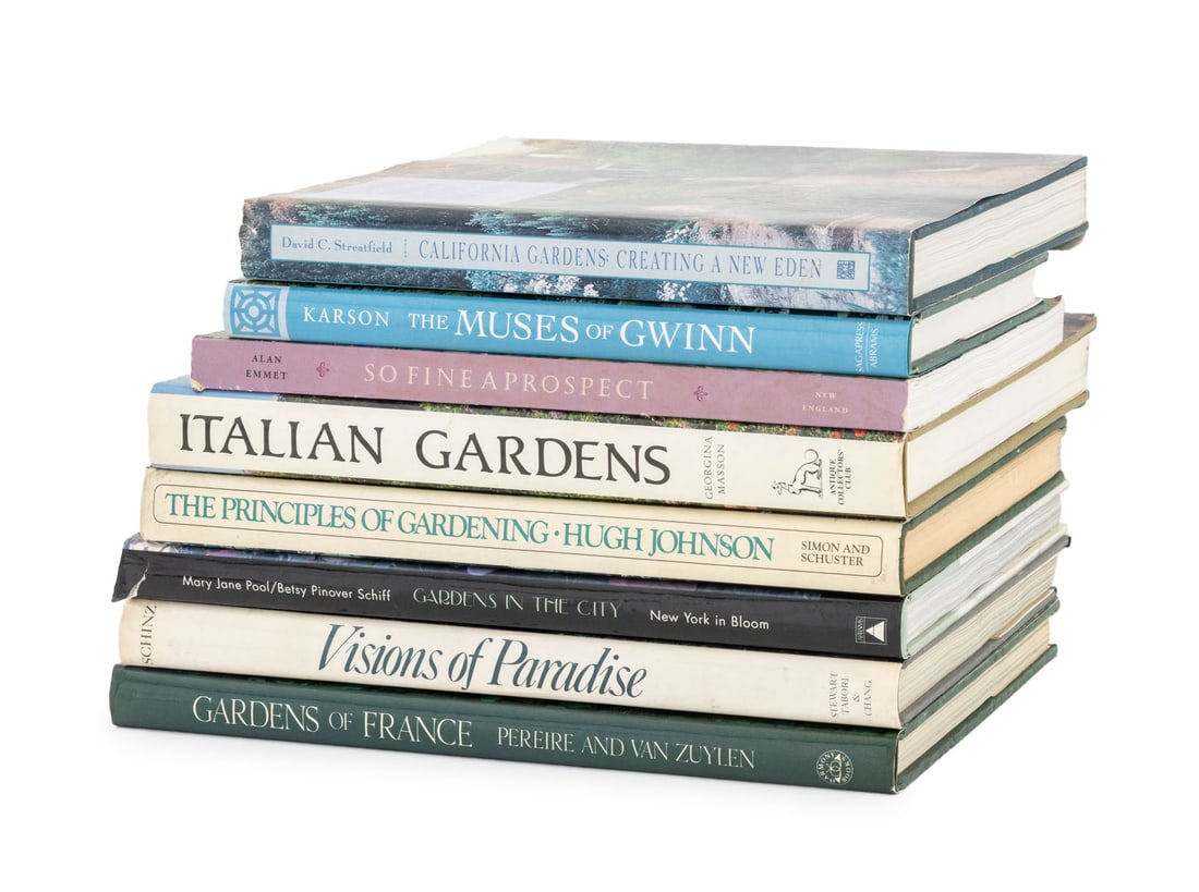 Books on Gardens, 8: Collection of Eight Books on Gardens, comprising: "The Muses of Gwinn: Art and Nature in a Garden Designed by Warren H. Manning, Charles A. Platt & Ellen Biddle Shipman", Karson, Robin, "The Principle