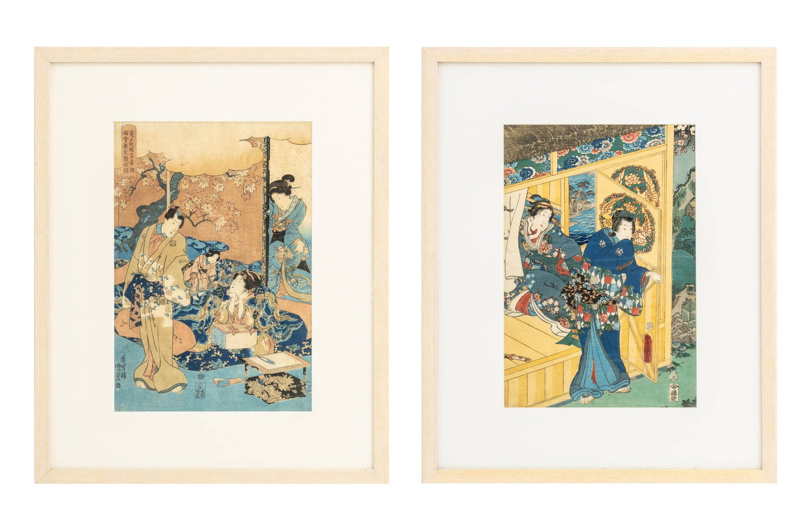 Utagawa Kunisada Ukiyo-e Woodblock Prints, 2: Utagawa Kunisada (Toyokuni III, Japanese, 1786-1865), Group of Two Figural Scenes, Woodblock Prints in Colors on Paper, comprising: "Autumn", circa 1839, depicting figure amongst a courtyard landscape